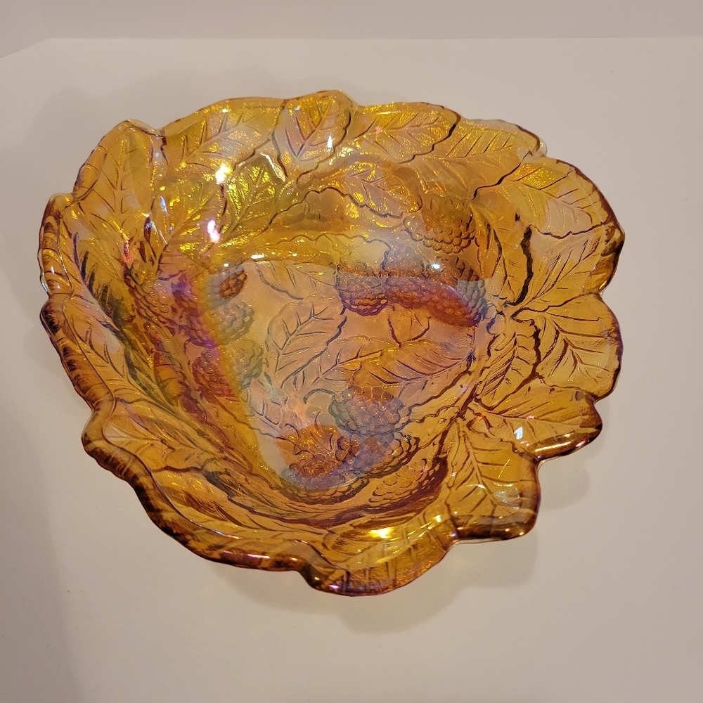 Vintage Amber Iridescent Triangular Blackberry Carnival Glass Dish Blackberry.